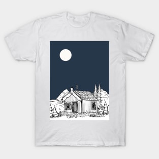 Winter Forest Cabin Wonderland Pen and Ink Illustration T-Shirt